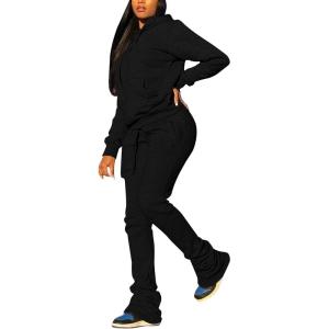 imageWomens Sweatsuits Sets 2 Piece Outfits Drawstring Hoodies Stacked Jogger Sweatpants Tracksuits Casual SetBlack