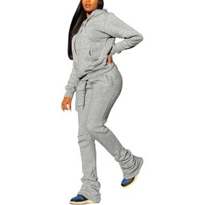 imageWomens Sweatsuits Sets 2 Piece Outfits Drawstring Hoodies Stacked Jogger Sweatpants Tracksuits Casual SetGrey