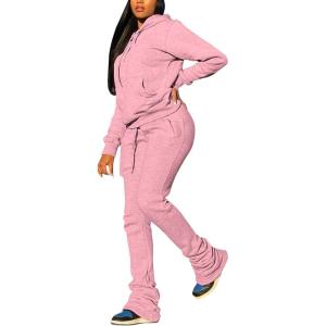 imageWomens Sweatsuits Sets 2 Piece Outfits Drawstring Hoodies Stacked Jogger Sweatpants Tracksuits Casual SetPink