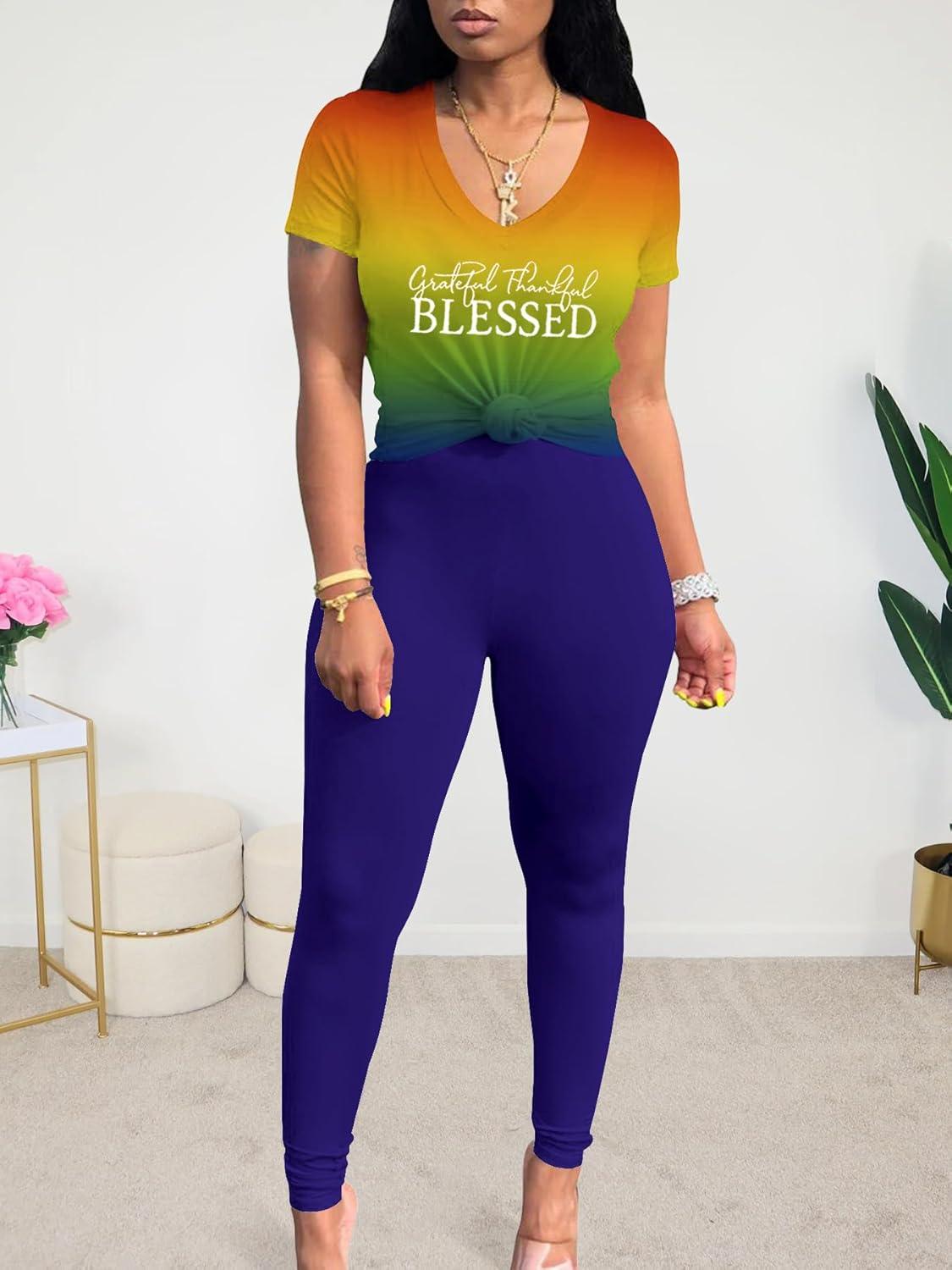 imageLounge Sets for Women 2 Piece Summer Casual Jogger Workout Outfits Short Tops Long Pant Sweat suit leggings setYellow Orange Blue Gradient