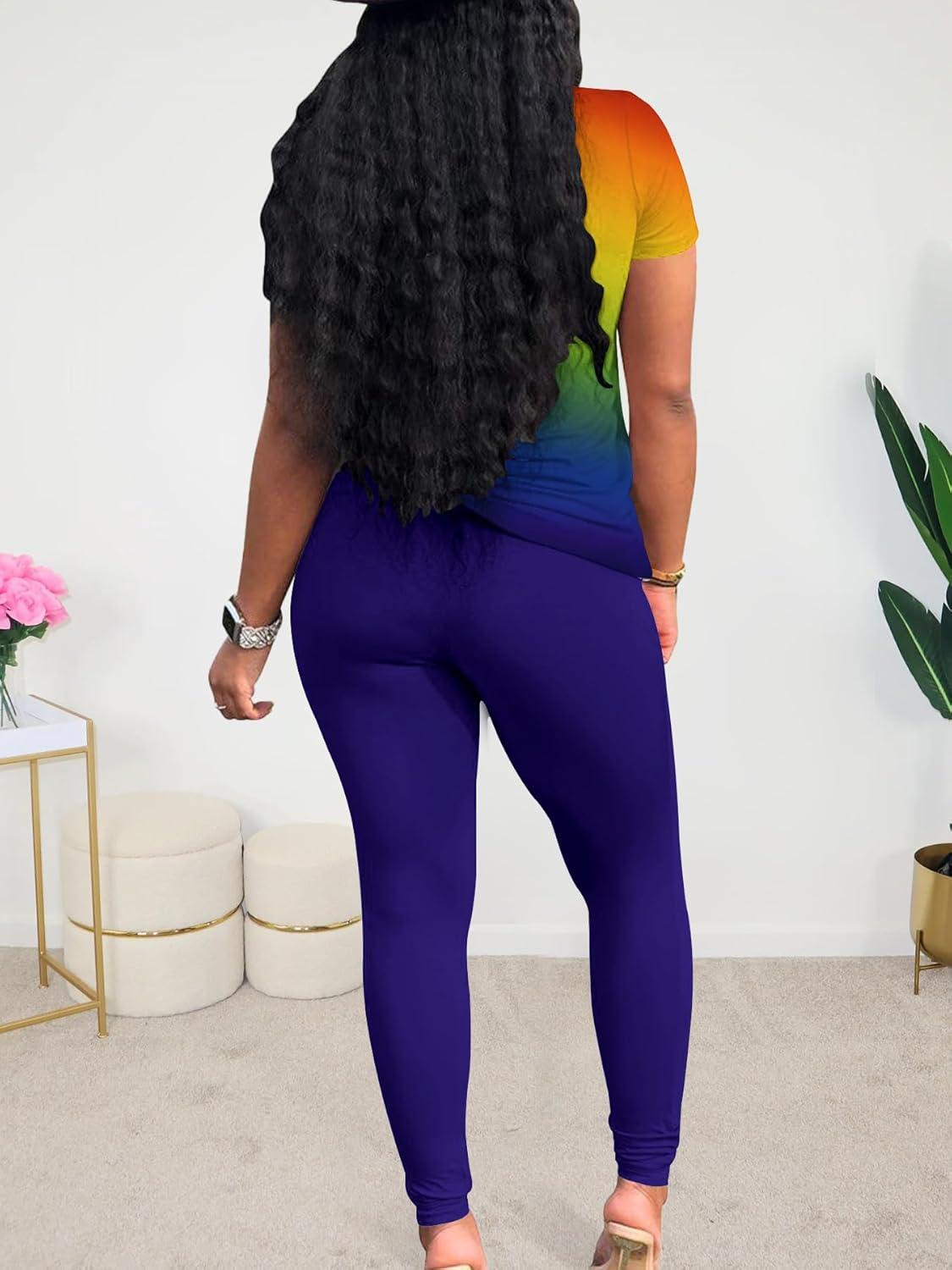 imageLounge Sets for Women 2 Piece Summer Casual Jogger Workout Outfits Short Tops Long Pant Sweat suit leggings setYellow Orange Blue Gradient