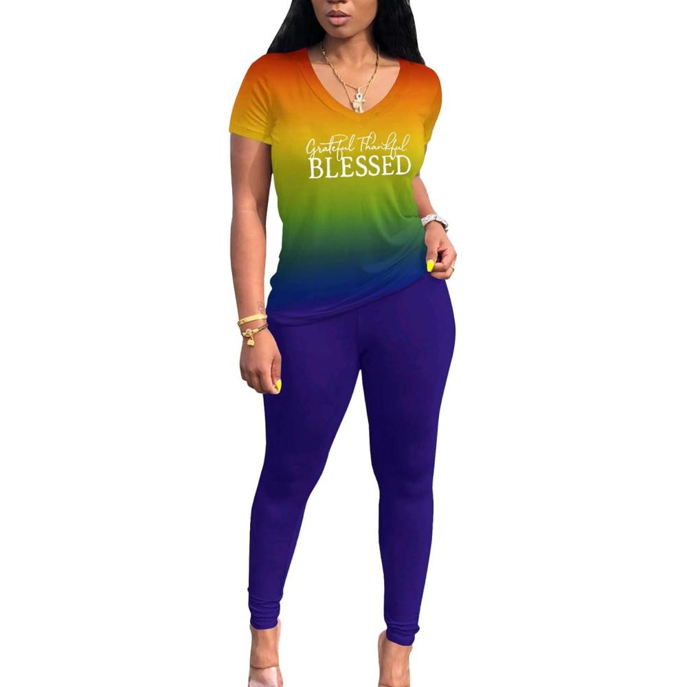 imageLounge Sets for Women 2 Piece Summer Casual Jogger Workout Outfits Short Tops Long Pant Sweat suit leggings setYellow Orange Blue Gradient