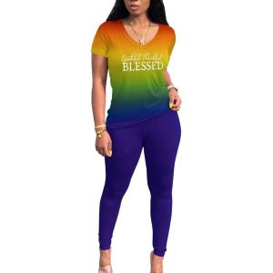 imageLounge Sets for Women 2 Piece Summer Casual Jogger Workout Outfits Short Tops Long Pant Sweat suit leggings setYellow Orange Blue Gradient