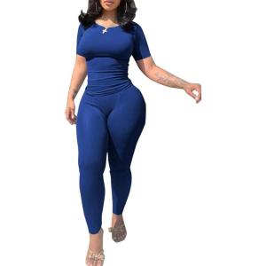 imagePINSV 2 Piece Sets for Women Summer Casual Jogger Workout Outfits Fitted Crew Neck Tshirt High Waist Legging SetsBlue