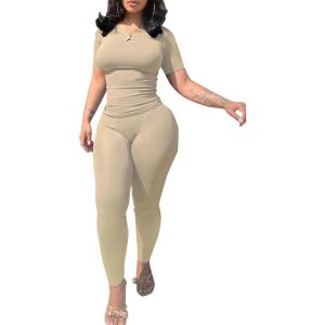 imagePINSV 2 Piece Sets for Women Summer Casual Jogger Workout Outfits Fitted Crew Neck Tshirt High Waist Legging SetsCream