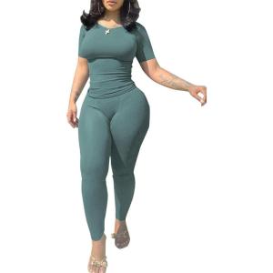 imagePINSV 2 Piece Sets for Women Summer Casual Jogger Workout Outfits Fitted Crew Neck Tshirt High Waist Legging SetsGreen B