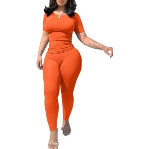 imagePINSV 2 Piece Sets for Women Summer Casual Jogger Workout Outfits Fitted Crew Neck Tshirt High Waist Legging SetsOrange