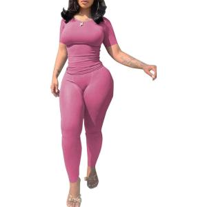 imagePINSV 2 Piece Sets for Women Summer Casual Jogger Workout Outfits Fitted Crew Neck Tshirt High Waist Legging SetsPink B