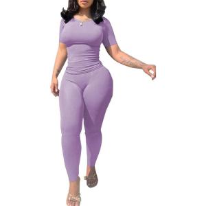 imagePINSV 2 Piece Sets for Women Summer Casual Jogger Workout Outfits Fitted Crew Neck Tshirt High Waist Legging SetsPurple
