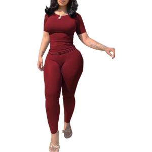 imagePINSV 2 Piece Sets for Women Summer Casual Jogger Workout Outfits Fitted Crew Neck Tshirt High Waist Legging SetsWine Red