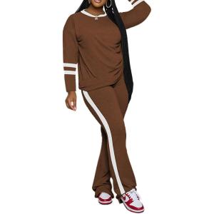 imagePINSV 2 Piece Sets for Women Fall Casual Outfits Long Sleeve Top and Flare Pants Lounge Sets Track suitBrown