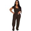 imagePINSV Womens 2 Piece Outfits Lounge Short Sleeve Tops High Waisted Wide Leg Pants Tracksuit SetsBrown