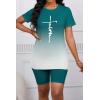 imagePINSV WomenS 2 Piece Outfits Summer Printing Bodycon Short Pants Workout Sets Two Tracksuit Tshirt Shorts Jogger Set Green Gradient Letter Print A XXL