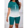 imagePINSV WomenS 2 Piece Outfits Summer Printing Bodycon Short Pants Workout Sets Two Tracksuit Tshirt Shorts Jogger Set Green Gradient Letter Print A XXL
