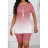 imagePINSV WomenS 2 Piece Outfits Summer Printing Bodycon Short Pants Workout Sets Two Tracksuit Tshirt Shorts Jogger Set Pink Gradient Letter Print A XL