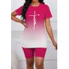 imagePINSV WomenS 2 Piece Outfits Summer Printing Bodycon Short Pants Workout Sets Two Tracksuit Tshirt Shorts Jogger Set Rose Red Gradient Letter Print A S