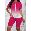 imagePINSV WomenS 2 Piece Outfits Summer Printing Bodycon Short Pants Workout Sets Two Tracksuit Tshirt Shorts Jogger Set Rose Red Gradient Letter Print A S