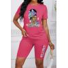 imagePINSV WomenS 2 Piece Outfits Summer Printing Bodycon Short Pants Workout Sets Two Tracksuit Tshirt Shorts Jogger Set Rose Red Pattern Print A S