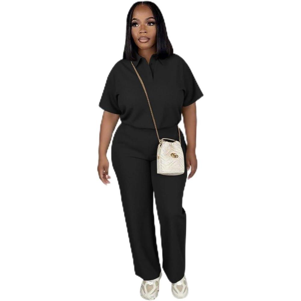 imagePINSV Womens 2 Piece Outfits Short Sleeve Polo Shirt Wide Leg Pants Tracksuit Lounge SetsBlack