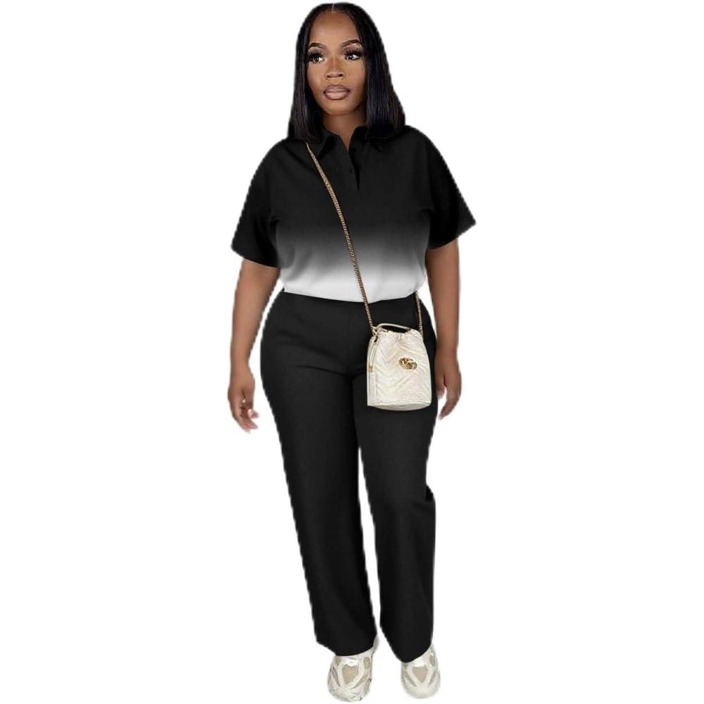 imagePINSV Womens 2 Piece Outfits Short Sleeve Polo Shirt Wide Leg Pants Tracksuit Lounge SetsBlack Gradient