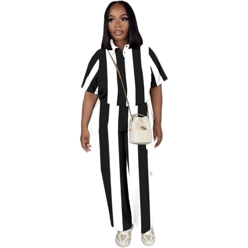 imagePINSV Womens 2 Piece Outfits Short Sleeve Polo Shirt Wide Leg Pants Tracksuit Lounge SetsBlack and White