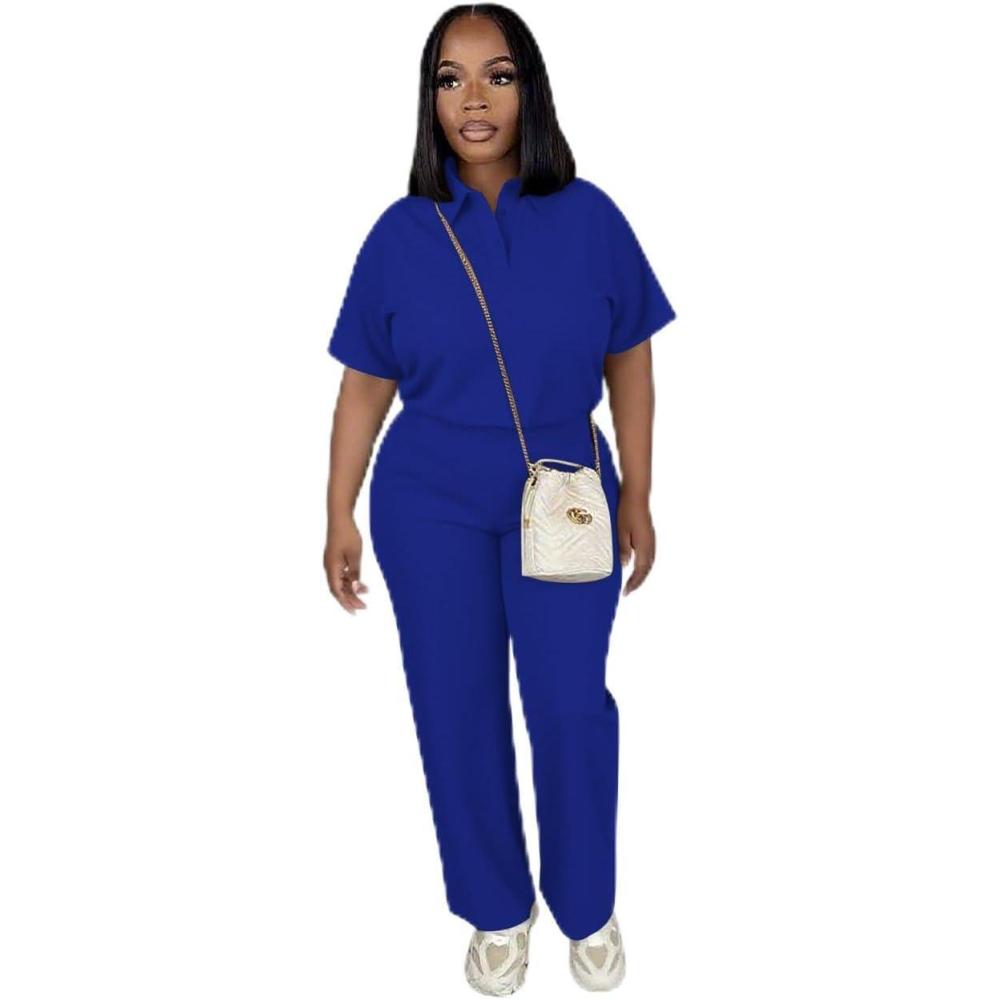 imagePINSV Womens 2 Piece Outfits Short Sleeve Polo Shirt Wide Leg Pants Tracksuit Lounge SetsBlue