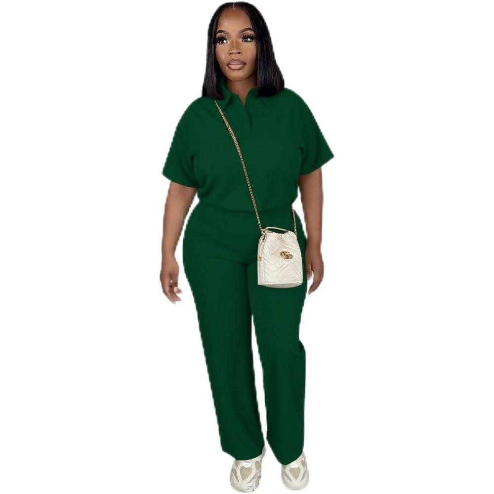 imagePINSV Womens 2 Piece Outfits Short Sleeve Polo Shirt Wide Leg Pants Tracksuit Lounge SetsGreen