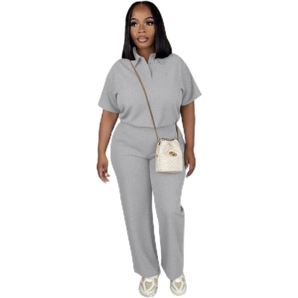 imagePINSV Womens 2 Piece Outfits Short Sleeve Polo Shirt Wide Leg Pants Tracksuit Lounge SetsGrey